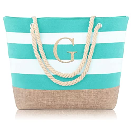 Yoolife Swim Pool Beach Tote Bags For Women, Canvas Beach Tote Bag With Zipper Beach Bags Birthday Personalized Gifts Travel Beach Essentials For Women Vacation Her Mom Friends Female Initial G #TOP19