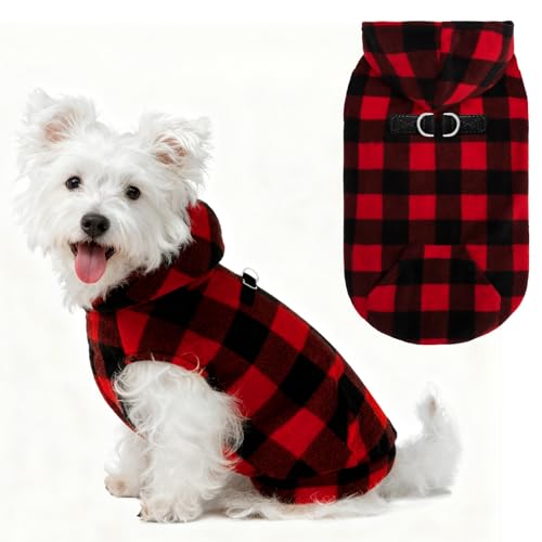 EXPAWLORER Fleece Dog Hoodie with Pouch, Buffalo Plaid XS