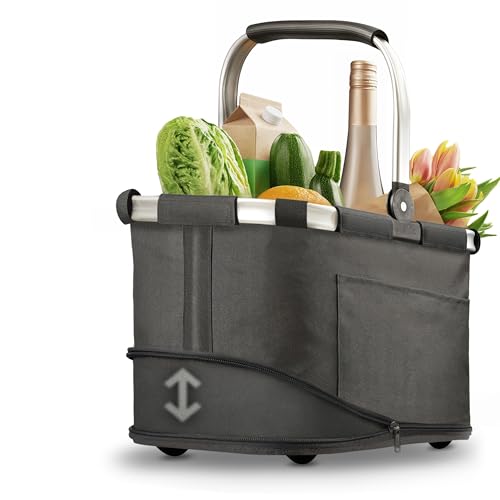 Praknu Einkaufskorb Faltbar Klein – 2 in 1 Erweiterbar 15L auf 25L – Abnehmbarer & Waschbarer Bezug – Stabil mit Alurahmen & Verstärktem Boden – Extra Fächer innen & außen – Tragekorb – Schwarz