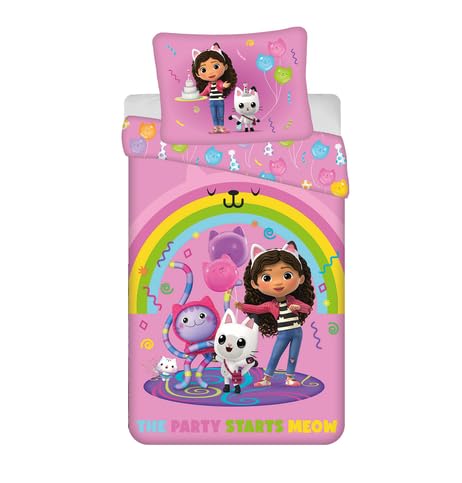 Jerry Fabrics Gabby's Dollhouse Rainbow Party - Juego de cama de microfibra, color rosa, 140 x 200 cm, funda de almohada de 70 x 90 cm, con cremallera