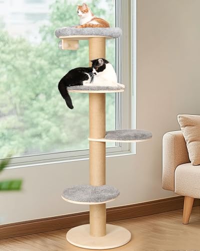 FUKUMARU Kratzbaum, 5 Etagen Kratzbaum mit geräumigen Plüsch Bett, vielseitig Fenster oder Wand Mount Kletterturm, mit 12cm dicken Kratzsäule...