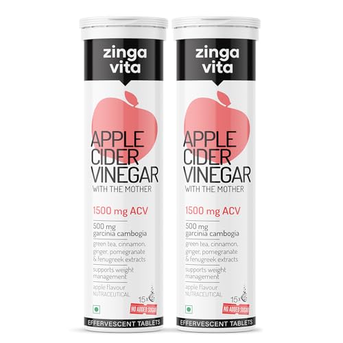 Image of Zingavita Apple Cider Vinegar 1500mg Tablet for Weight Management, With Garcinia, Green Tea, Fenugreek, Cinnamon, Vitamin C, B12 & B6, No Added Sugar - Pack of 2