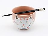 Happy Sales HSRB-CATPNK, Japanese Ramen Udon Noodle Bowl with Chopsticks Gift Set, Smiley Cat Pink