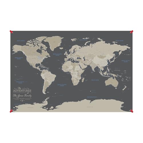 Image of Neutral World Push Pin Map Poster on Canvas - Personalized Travel Tracker Map - Large 24 inch x 36 inch - World Wall Art