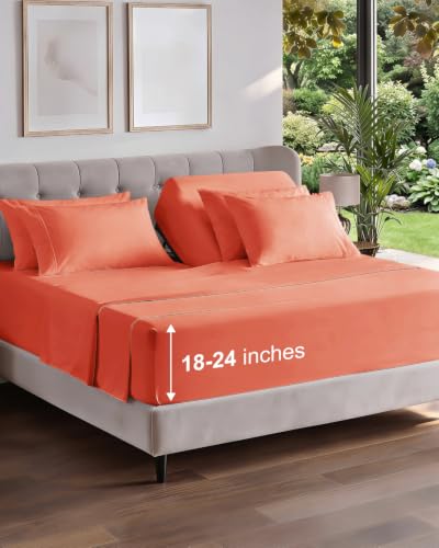 Image of CGK Unlimited Extra Deep Flex Top Split Head King Sheet Set - 6 Piece Breathable and Cooling Sheets - Hotel Luxury Bedding for Women, Men, Kids & Teens - Easy Secure Fit - Extra Deep Pockets - Coral
