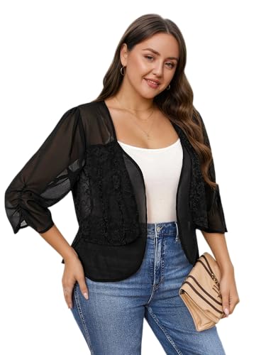 Women Plus Size Lace Shrugs Half Sleeve Cropped Cardigan Lightweight Open Front Bolero Transparent