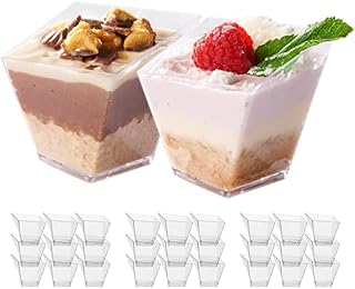 MATANA - 100 Mini Clear Multi-use Square Plastic Parfait Dessert Appetizer Bowl Trifle Pots Pudding Mousse Party Cups - 70ml / 5.4cm x 4.9cm