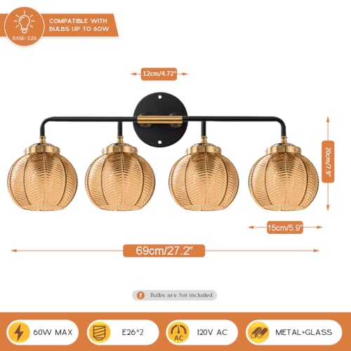 Image of 4Lights Bathroom Vanity Light Fixture Amber Glass Globe Wall Sconce | Mid Century Modern Vintage 5.9″ Ribbed Glass Shade Black Gold Finish 27.2″ for Bathroom Over Mirror Bedroom Hallway