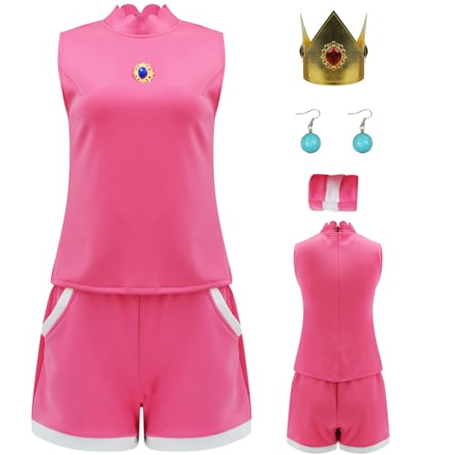 Poybraxh Princess Daisy Cosplay Costume Women Tennis Outfit Top Shorts Set with Crown Adult Sports Suit for Halloween L