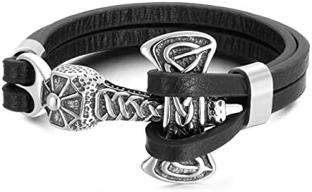PiercingJ Mens Viking Thor's Hammer Mjolnir Bracelet Stainless Steel Celtic Knot Hammer Black Genuine Leather Bracelet Viking Wristband for Men