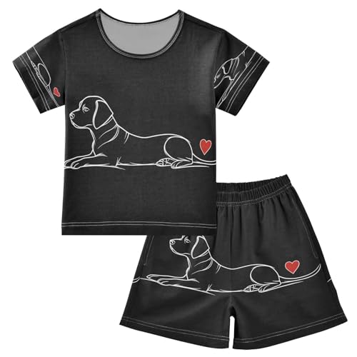 ALAZA Hipster Black Dachshund Dog Pajamas Set Short Sleeve Cotton Sleepwear Summer Pjs 2 Piece 5-14Y