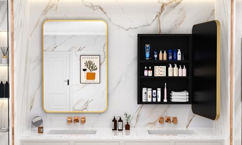 Image of ACEMIRO 24x30 Inch Bathroom Medicine Cabinet with Mirror Gold Metal Framed Recessed or Surface Wall Mounted Mirrored Medicine Cabinets for Bathroom