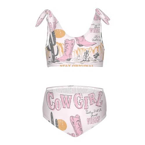 QUGRL Pink Desert Cowgirl Girls Swimsuit Bikini Set Country Rustic Kids Bathing Suits for Girls 2 Piece Bowknot Swimwear Tankini Hawaiian 7-8 Years