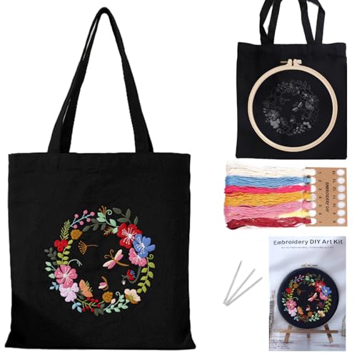 DKDDSSS Sticken für Anfänger Stofftasche Set, Sticken Set Erwachsene, DIY Bastelset Erwachsene, Enthalten Anleitung, Stickrahmen und Stofftasche mit Blumenmuster für Anfänger(Schwarz)