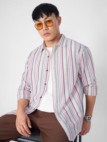 Image of The Souled Store Cotton Linen Stripes: Apricot Men and Boys Long Sleeves Collared Neck Orange Stripes Regular Fit Lightweight Comfortable Summer Cotton Linen Shirts
