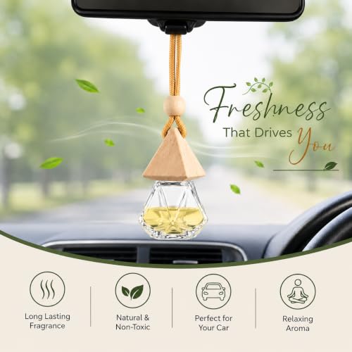 Image of Nibbler Empty Hanging Diffuser Bottle with Wooden Cap & Rope | Refillable Air Freshener Glass Bottle for Essential Oils, Fragrance & Car Freshener, Car, Home, Office & Wardrobe (10, Pyramid)