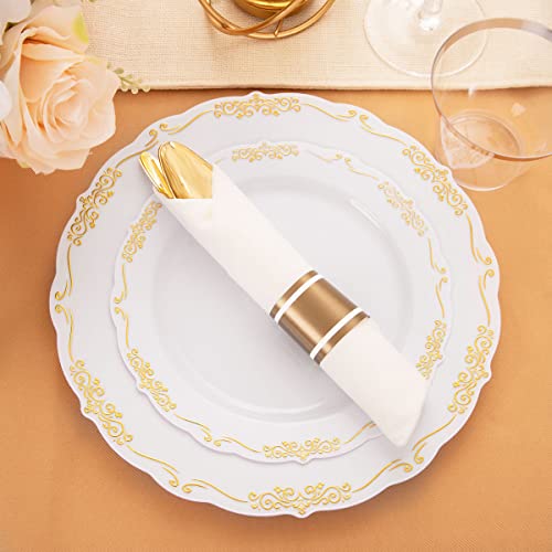 U-Qe 175Pcs Gold Plastic Plates & Pre Rolled Napkins With Gold Plastic Silverware For 25 Guests-25Dinner Plates, 25Dessert Plates, 25Cups, 25Forks, 25Knives, 25Spoons, 25Napkins For Party & Wedding #TOP3