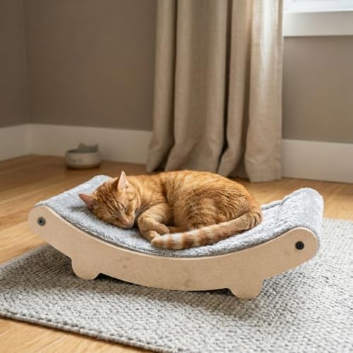 Image of Cat Hammock Bed with Plush Cushion, Wooden Curved Rocker Design, 23x13x6 Inch, Premium Comfort Lounger for Cats (FURR-162) (Grey)