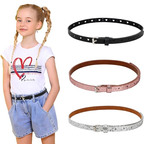 Shengxi Lot de 3 Ceintures Fines à Paillettes en Cuir PU Brillant pour Filles et Enfants - Réglable avec Boucle pour Jeans et Robe
