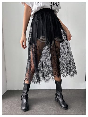 Women's Floral Lace Sheer Skirt High Waisted A Line Midi Skirts Beach Cover-ups Mesh Streetwear Y2K Skirts4