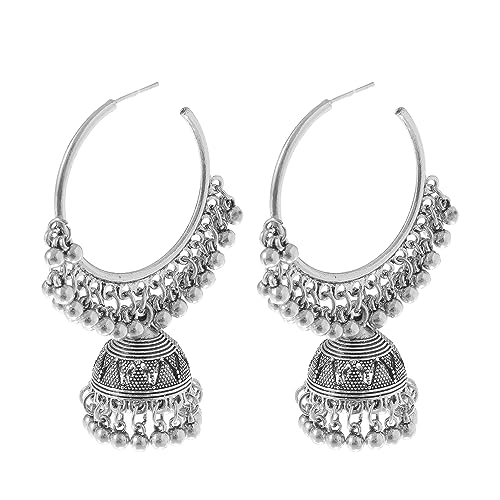Dangle Retro Indian Jhumki Bell Huggie Hoop Statement Earrings Bollywood Oxidized Traditional Jhumka Style Drop Big Open Hoops Earring Boho Jewelry Gift for Women Bff