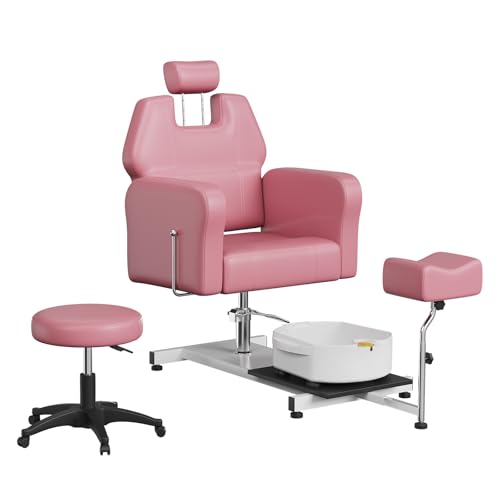 Reclining Pedicure Chair with Stool, Footrest & Massage Foot Basin, Height Adjustable Pedicure Unit Station, 360 Swivel Hydraulic Pedi Chair for Foot Bath Pedicure Chairs, Beauty Spa Salon, Pink