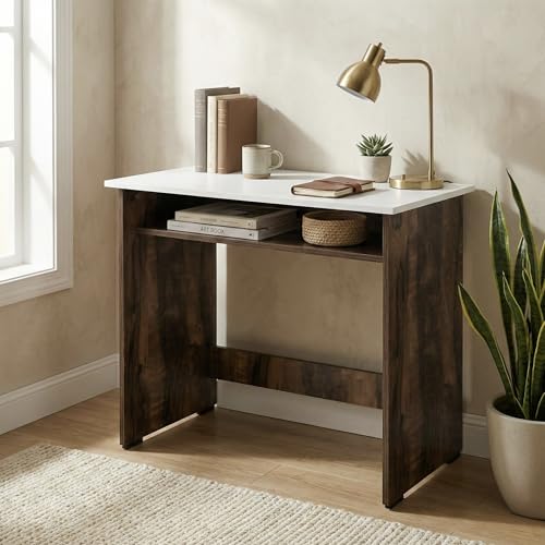 Image of Core Compact Study Table with Under-Desk Storage Shelf | Engineered Wood Dual-Tone Desk for Students & Home Office | Laptop Workstation | 80x45x76.5cm | Dark Walnut & White