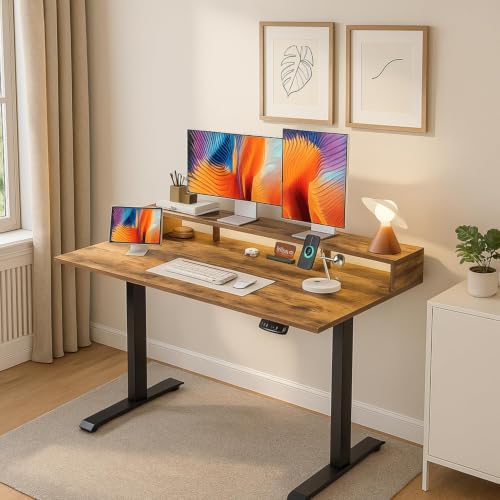 Image of TEKAVO Hirak Height Adjustable Table for Office Work | Electric Standing Table Workstation with Monitor Riser for Home Office| 100 kg Load Capacity |150L x 60W | Forest I DIY