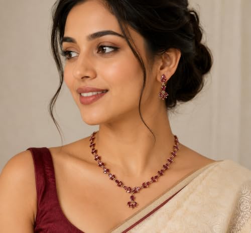 Image of Sasitrends Micro Gold Plated American Diamond Ruby stone Studded Jewellery Set