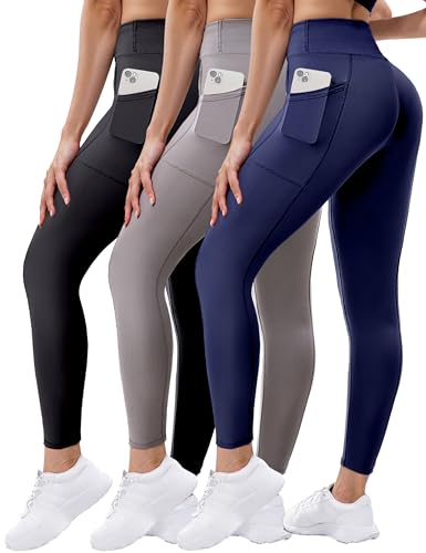 3 Pack Leggings with Pockets for Women,High Waisted Tummy Control Soft Yoga Pants for Workout,Active,Running,Lounge