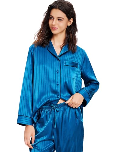 Image of Lonxu Silk Satin Womens Pajama Sets Button Down Sleepwear Loungewear XS~3XL