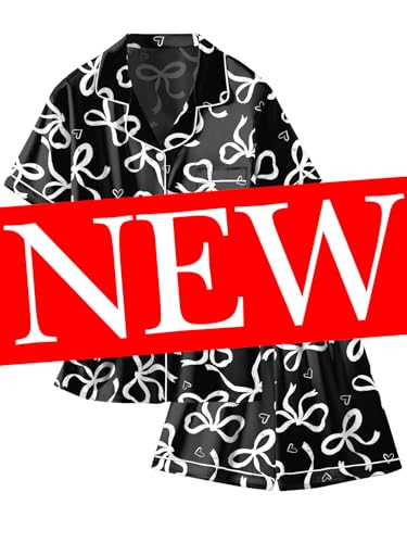 Image of Schbbbta Women Pajamas Set, 2 Pieces Satin Silk Button Down Pjs Short Sleeve Outfits Loungewear