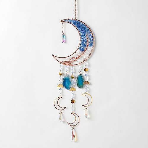 Agate Gemstone Dream Catcher 7 Chakra Tree of Life Dream Catcher with Crystal Stones Handmade Dreamcatcher Wall Decor for Adults Boys Girls,Bedroom,Wedding,Garden,Bless Gift(Blue Moon with Pendant)