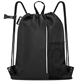 HOLYLUCK Men & Women Outdoor Sport Gym Sack Waterproof Drawstring Backpack Bag (Drawstring With Side Mesh Pocket, Black)