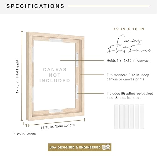 Image of MCS Canvas Float Frames 12x16 Frame, Natural Woodgrain for Finished Canvases, Vertical & Horizontal Wall Hanging with Adhesive for Canvas Paintings (1-Pack)