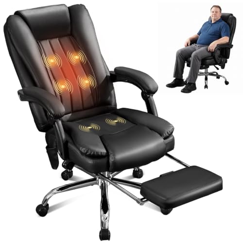 500LBS Massge Office Chair with Foot Rest,6 Points Vibration & Heat Big and Tall Office Chair with Back Support, Ergonomic Comfort 135° Reclining Desk Chairs Managerial Chairs for Heavy People