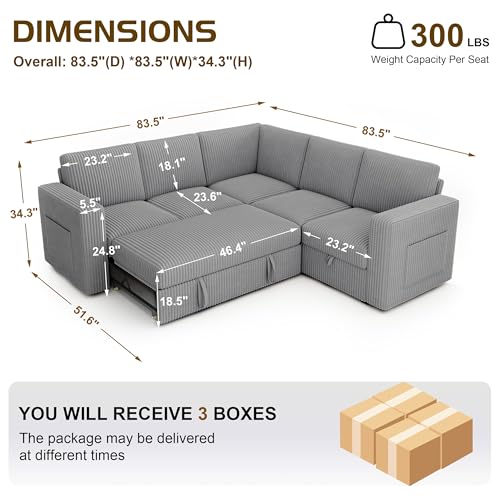 Image of 83.5 inch Corduroy Sectional Sleeper Sofa, Pull Out Couch with Storage, Gray | 5 Seat Comfy Couches for Living Room, Apartments, or Guest Spaces; Sectionals Modular Sofa Design, Comfortable Seating.