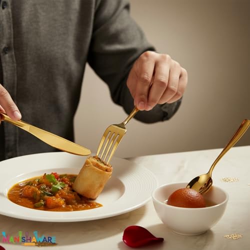 Image of Mirror Polished Gold 20 Pcs Stainless Steel Cutlery Set for Dining Table, Dishwasher Safe Glossy Flatware (5 Spoon Set + 5 Forks Set + 5 Butter Knife + 5 Dessert Spoon)