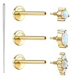SLLAISS Medical Grade Titanium Opal Flat Back Earrings Stud : 14K Gold Plated Hypoallergenic 3 Pcs 18G Threaded Cartilage Tragus Conch Medusa Piercing Jewellery for Sensitive Ears Women Men