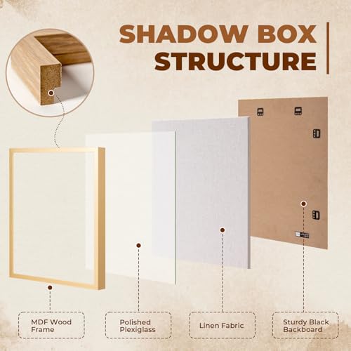 Image of Muzilife 16x20 Large Shadow Box Wood Picture Frame, Tempered Glass, Gold | FSC-Certified MDF | Soft Acid-free Linen Board | Removable Inner Frame | Wall-Mount Display Cases | For Photos and Keepsakes