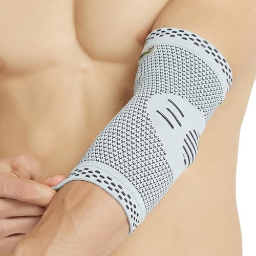 Neotech Care Elbow Support Sleeve - Bamboo Fiber 3D Weaving Knitted Fabric - Elastic & Breathable - For Golf Tennis Sports - Right or Left Arm (Grey Colour Size M 1 Unit)