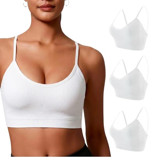 Women Sports Bra，3 Pack Seamless Comfort Bras Padded Ladies Tops Bralettes Vest Style Athletic Wireless Wrap Chest Crop Top for Yoga Fitness Exercise (UK, Alpha, M, Regular, Regular, White)