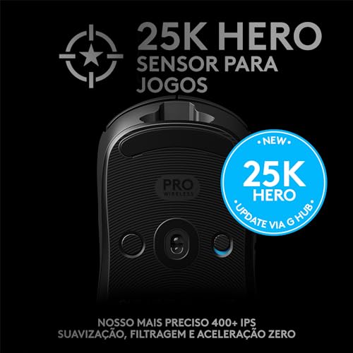 Mouse Gamer Sem Fio Logitech G PRO Wireless com Tecnologia LIGHTSPEED, RGB LIGHTSYNC, Design Ambidestro, 8 Botões Programáveis, Sensor HERO 25K e Bateria Recarregável - Compatível com... glide