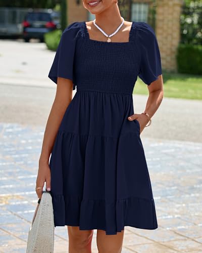 Image of BTFBM Womens Summer Smocked Mini Dress Spring Square Neck Flutter Sleeve Casual Ruffle Swing Boho Beach Dresses Pockets