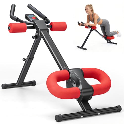 NEWBULIG Ab Machine, Adjustable Ab Trainer for Home Gym, Foldable Abdominal Workout Equipment with LCD Display, Knee Protection, Core Exercise Machine, Black/Red