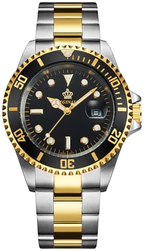 FANMIS Mens Luxury Watches Ceramic Bezel Sapphire Glass Luminous Quartz Silver Gold Two Tone Stainless Steel Watch (Gold Black)
