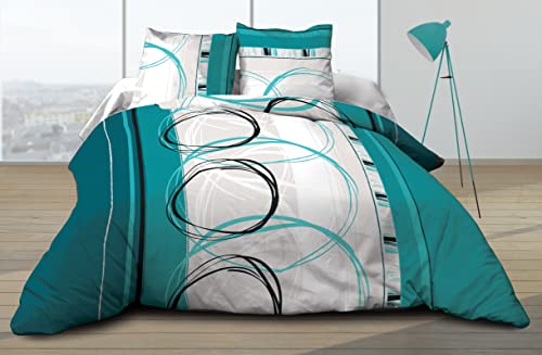Le Linge de Jules Housse Couette 220x240 + 2 taies Pur Coton 57 Fils Roue Libre Turquoise