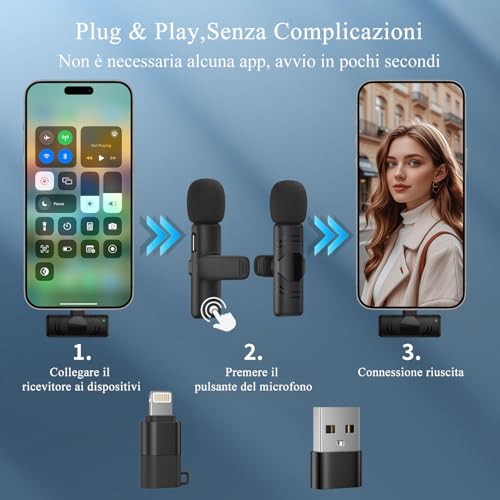 Dresz Microfono Lavalier Wireless Per Iphone Android Ipad,2 Pack Mini Microfono Per La Registrazione Video, Streaming, Podcast, Vlogging, Youtube, Tiktok,Trasmissioni Dal Vivo, Interviste - 3
