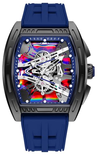 findtime Herren Armbanduhr Tonneau Ausgehöhlte Design Analoge Quarz Uhren Mechanische Uhr Großes Buntes Zifferblatt 5ATM Wasserdicht Leuchtend Militäruhren Leicht Silikon Armband Schwarz Blau