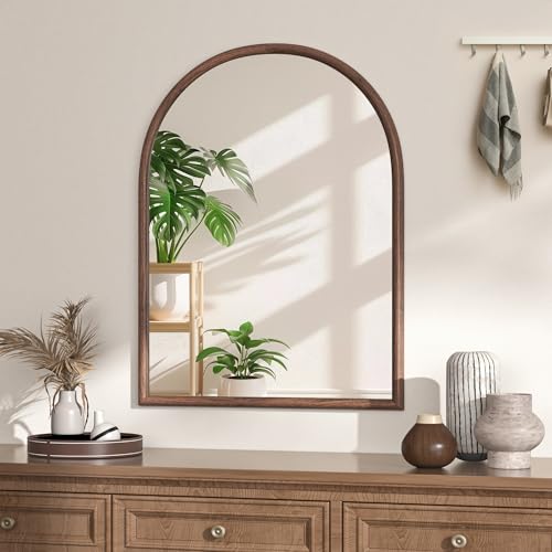 Image of 24 inchx32 inch Arch Wall Mirror for Wall, Wall Mounted Vanity Mirror for Bedroom, Wood Grain Finish Frame Mirror with Tempered Glass, Vintage Decorative for Bathroom, Entryway, Living Room, Walnut